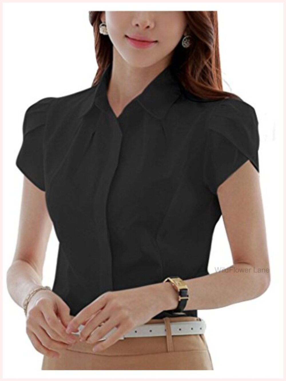 Womens Cotton Collared Button Down Blouse Tulip Sleeve Business Casual Shirt